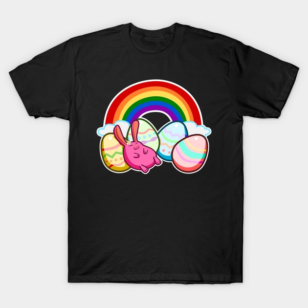 Easter Rainbow Pink Bunny Rabbit Sleeping On Colorful Eggs T-Shirt by CrocoWulfo